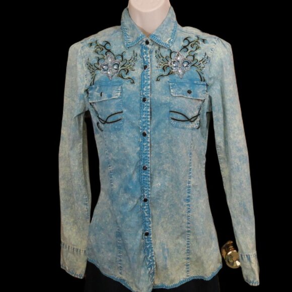 Roar Women's Western Long Sleeve Snap Shirt Rhinestones Bling Size Small - Picture 2 of 13